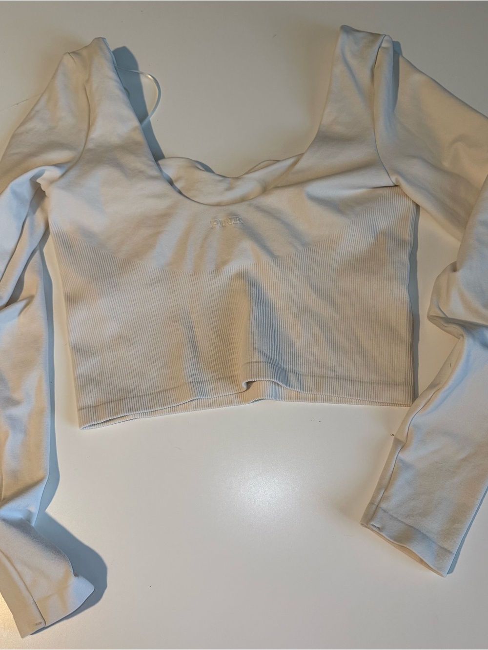 PINK Victoria's Secret White Ribbed Long-Sleeve Scoop Crop Top